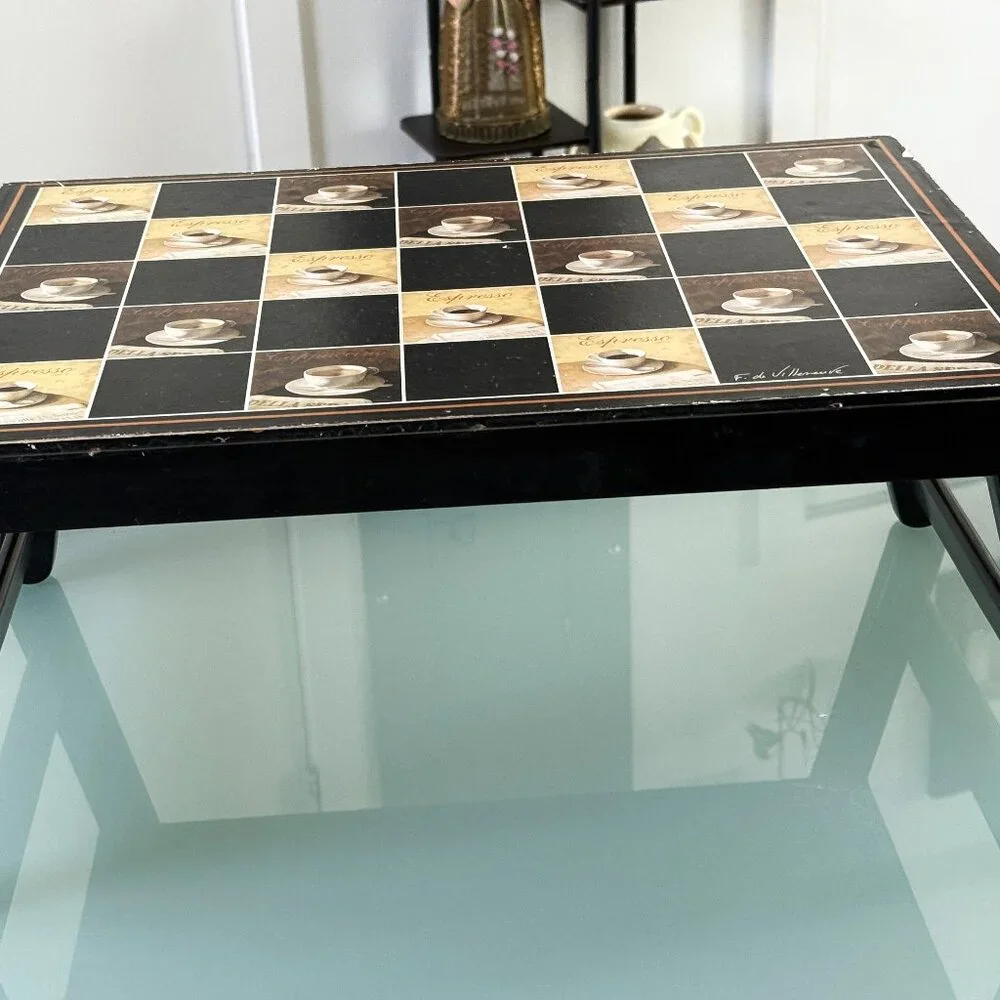 Chess Board Table Vintage Wooden Checkers Combo Game Autor Signed Making a Coffe - Picture 2 of 11